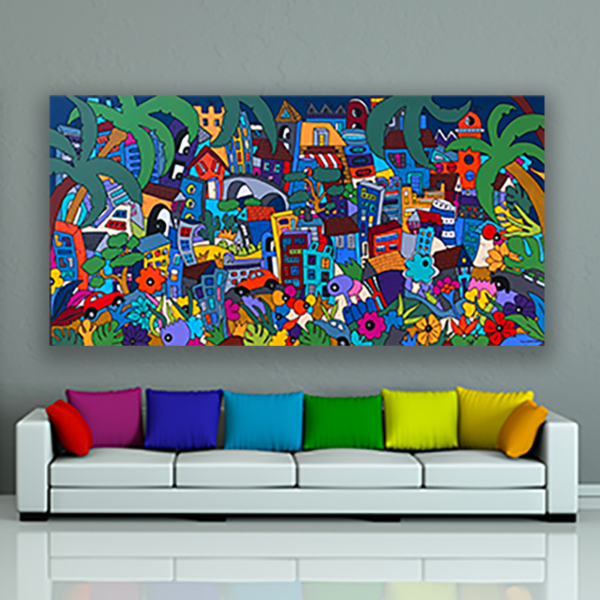 très grand tableau coloré 195 x 97 cm sur le thème de la ville par Sofi artiste peintre designer dans les PO