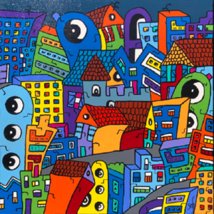 Tableau ville colorée, tableau design sur la ville par Sofi, artiste peintre France dans les pyrénées orientales, 66.