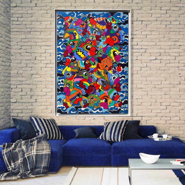 Toile, tableau design décoration bord de mer et poissons original et design. tableaux colorés de Sofi, artiste peintre France dans le 66